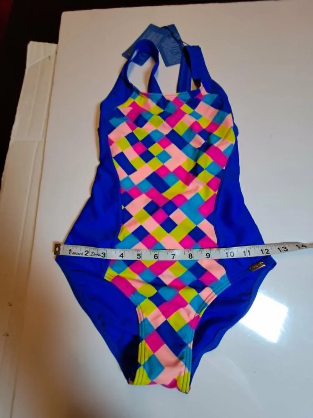 Girls Blue One Piece Swimsuit M 9-11 Colorful Print